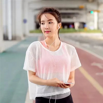Mesh Yoga Shirt Women Sport Top Short Sleeve T-Shirt Blouse Cover Up Fitness Tank Sportwear Quick Dry Running Gym Clothes White