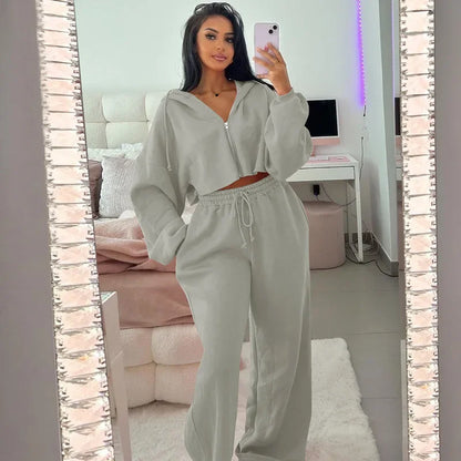 Leosoxs Women Casual Two Piece Pants Set Y2K Long Sleeve Mini Sweatshirt Cardigans Hoodies Tops+ Pant Tracksuits Fashion Winter GRAY