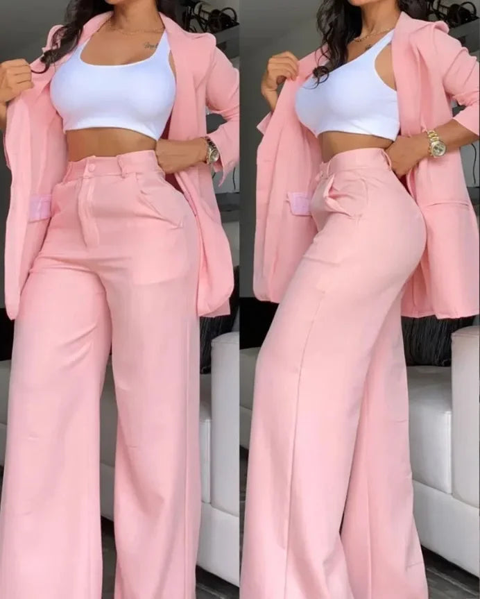 Two Piece Set Women Outfit Autumn Fashion Collar Long Sleeve Blazer Coat & Elegant Pocket Design Work Pants Set