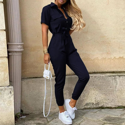 Women's Monochrome Jumpsuit 2024 Spring/Summer Comfortable Casual Flip Collar Printed Belt Work Dress Women's Jumpsuit