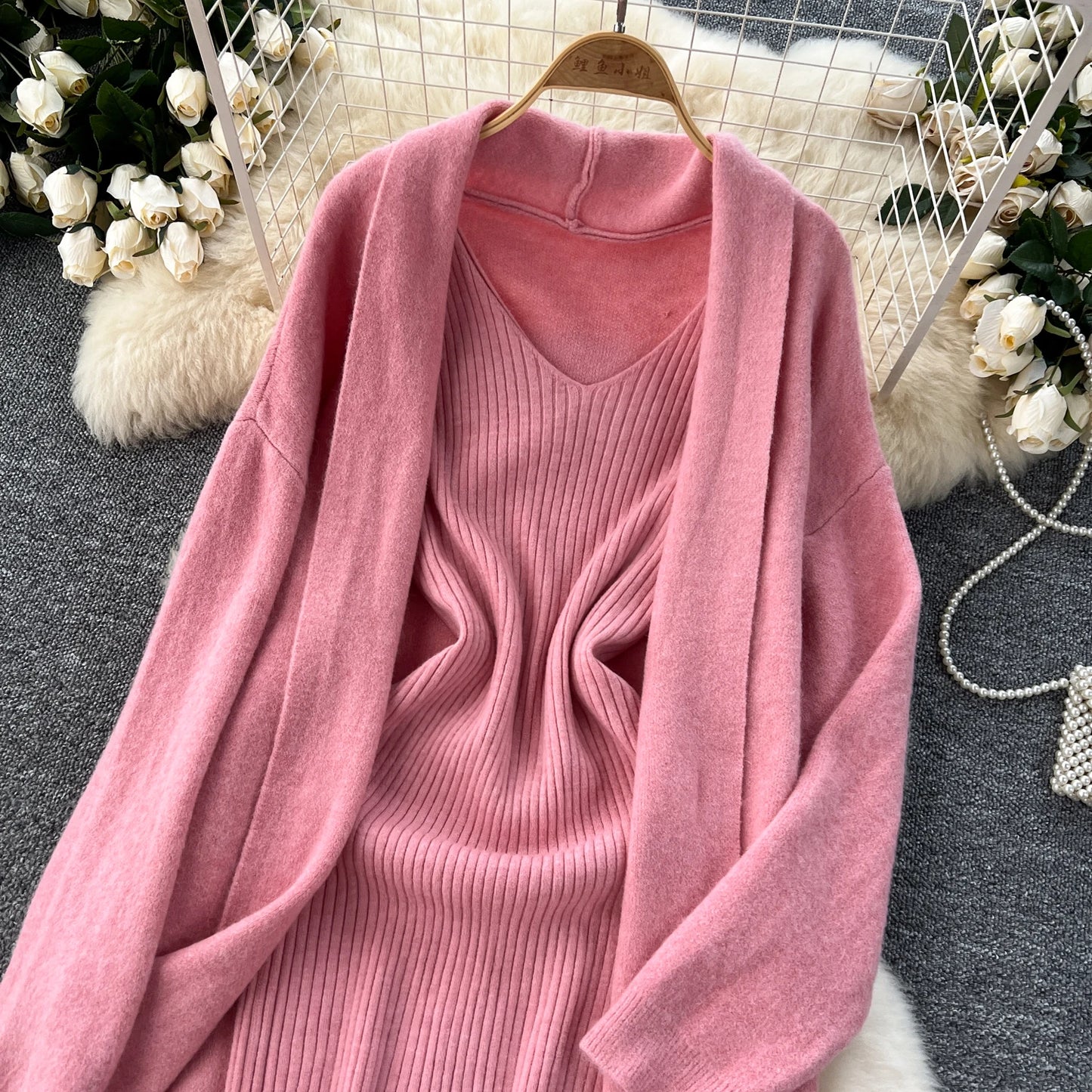 SINGREINY Autumn Knitted Two Pieces Sets Ladies Loose Knitting Cardigan+Spaghetti Strap Bodycon Dress Basic Solid Winter Suits Badiee Stylez