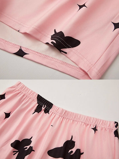 Women's new style pajamas short sleeve black top heart pattern pink shorts Casual elegant two-piece home wear