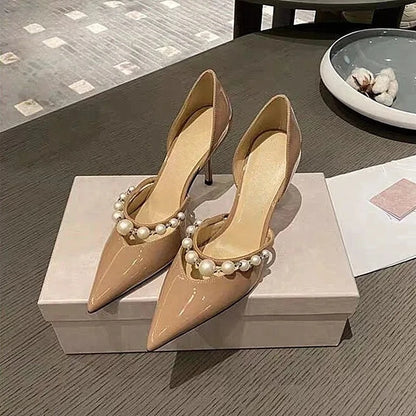 Spring/Summer New Pointed High Heels Hollow Fashion Banquet Pearl Hollow V-Mouth Women's Thin Heels Shallow Mouth Sandals