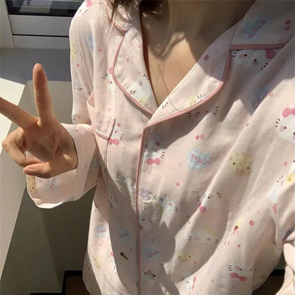 Kawaii Sanrios Hello Kittys Women's Pajamas Set Spring Autumn Anime Cartoon Students Polyester Long Sleeved Girls Nightwear Gift B
