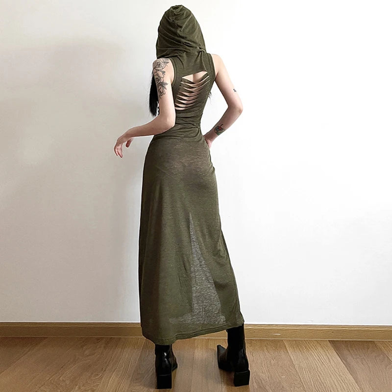 Xingqing Grunge Dress y2k Women Clothes Solid Color Sleeveless Hollow Out Back Slit Hooded Dress 2000s Halloween Party Dresses