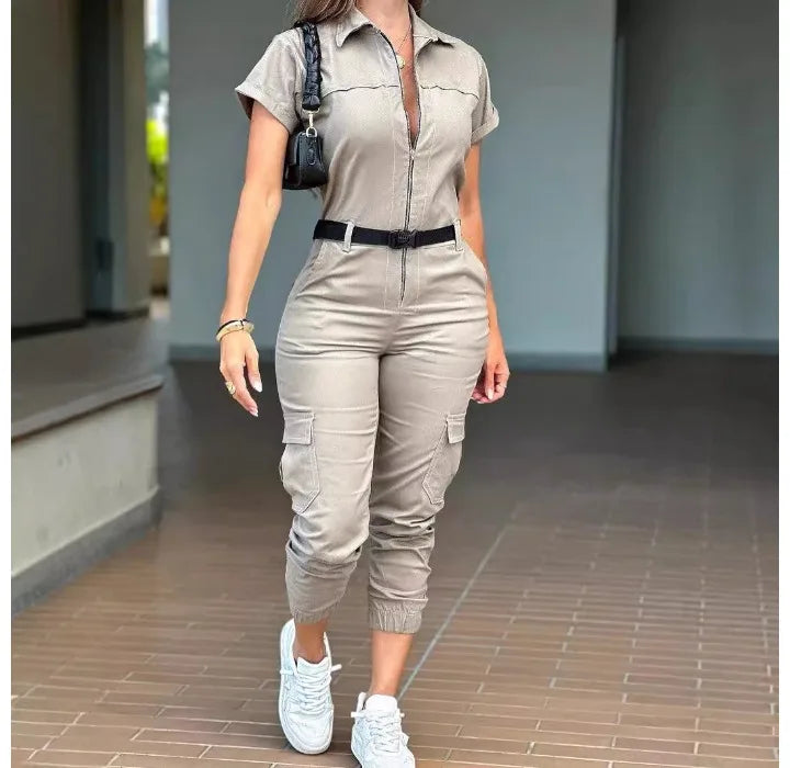 Sexy Women's Jumpsuit 2024 Summer New Fashion Zipper Workwear Short Sleeved Lapel Multi Pocket Waistband Bodysuit Pants Female