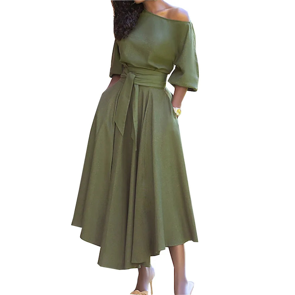 Elegant Women's Spring/Summer Fashion Green Diagonal Neck Middle Sleeve Casual Dress Women's Casual Retro Long Dress s-3XL