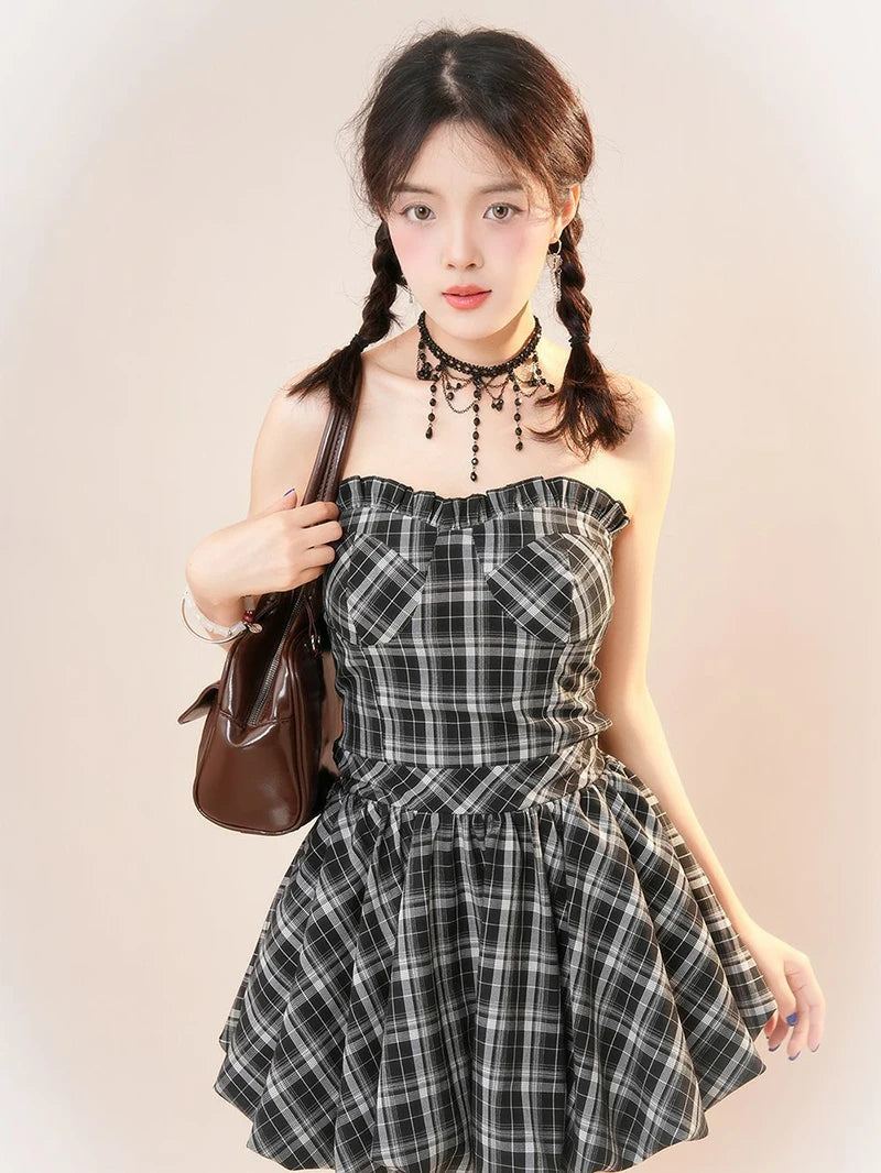 Y2K Plaid Mini Dress Women Vintage Backless Patchwork Slim Dress Summer Sexy Bodycon Strapless Aesthetic Lady Vestidos Badiee Stylez