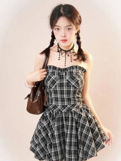 Y2K Plaid Mini Dress Women Vintage Backless Patchwork Slim Dress Summer Sexy Bodycon Strapless Aesthetic Lady Vestidos Badiee Stylez