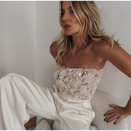 Fashion Sequins Patchwork Fur Crop Tops Sexy Strapless Chest Wrapping Vest Winter New Women's Off Shoulder Slim Club Party Tops 01 As Picture