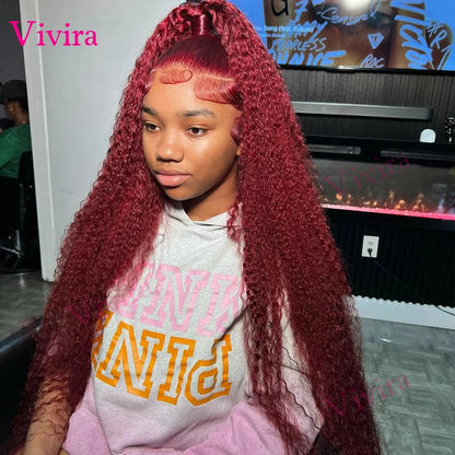 30 36Inch 99J Burgundy 13x6 Hd Lace Frontal Human Hair for women Red Colored 13x4 Transparent Lace Curly deep wave frontal wig Badiee Stylez