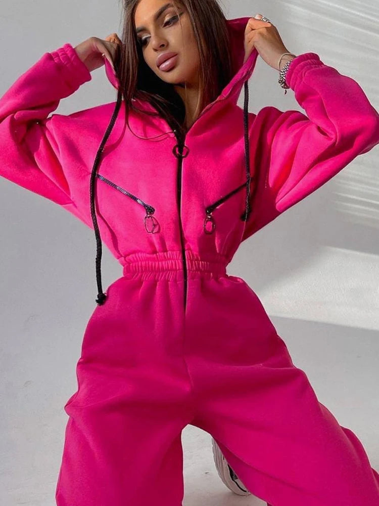 Autumn Women's Monochrome Long-Sleeved Jumpsuit Solid Color Zip-up Sportswear Female Winter Casual Tracksuit Fashionable Hoodies Badiee Stylez