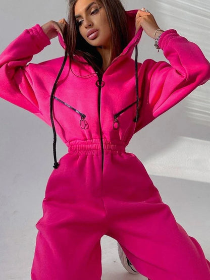 Autumn Women's Monochrome Long-Sleeved Jumpsuit Solid Color Zip-up Sportswear Female Winter Casual Tracksuit Fashionable Hoodies Badiee Stylez