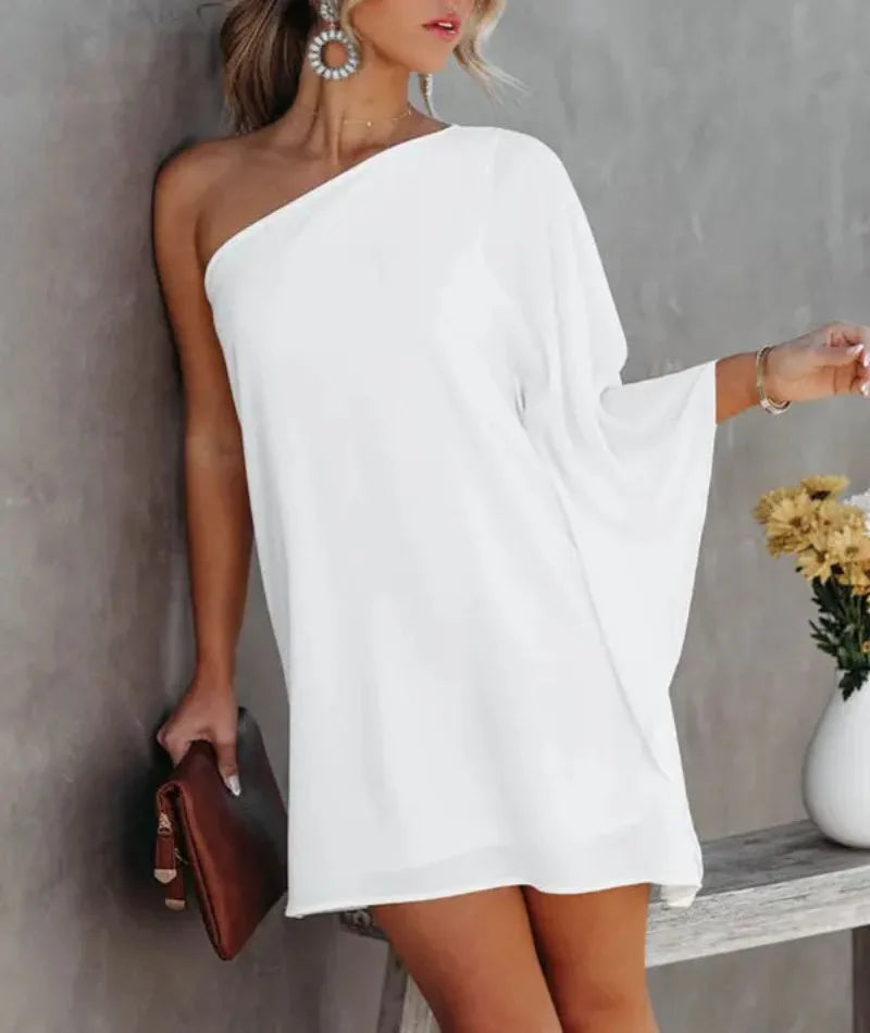 Party Dress Sexy One-Shoulder Long Sleeve Halter Loose Irregular Sundress Cover-Ups Elegant Women Gradient Color Beach Dress WHITE