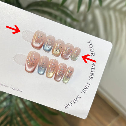 10pcs Handmade Fake Nails with Sticky Tabs Summer multicolor French Cat Eye Beautiful press on Nails Medium Short Stick-on Nails