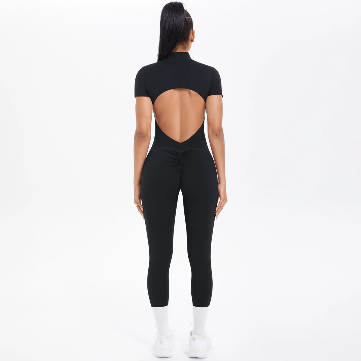 Short Sleeved Fitness Jumpsuit for Woman Bodysuits Backless Solid Color Scrunch One-Piece Suit Half Zipper Gym Yoga Sets Womens