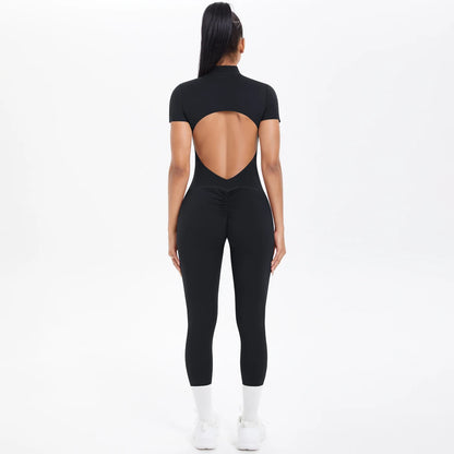 Short Sleeved Fitness Jumpsuit for Woman Bodysuits Backless Solid Color Scrunch One-Piece Suit Half Zipper Gym Yoga Sets Womens