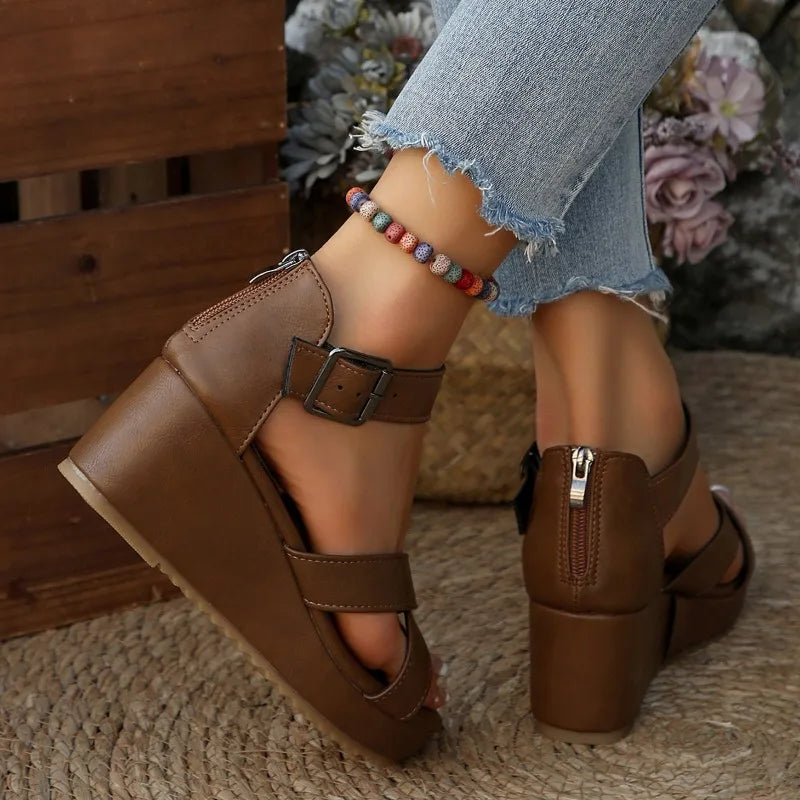 Roman Style Thick Heel Sandals Women's Summer Fashion Large Size Belt Buckle High Heels Platform Slippers PU Leather TPR