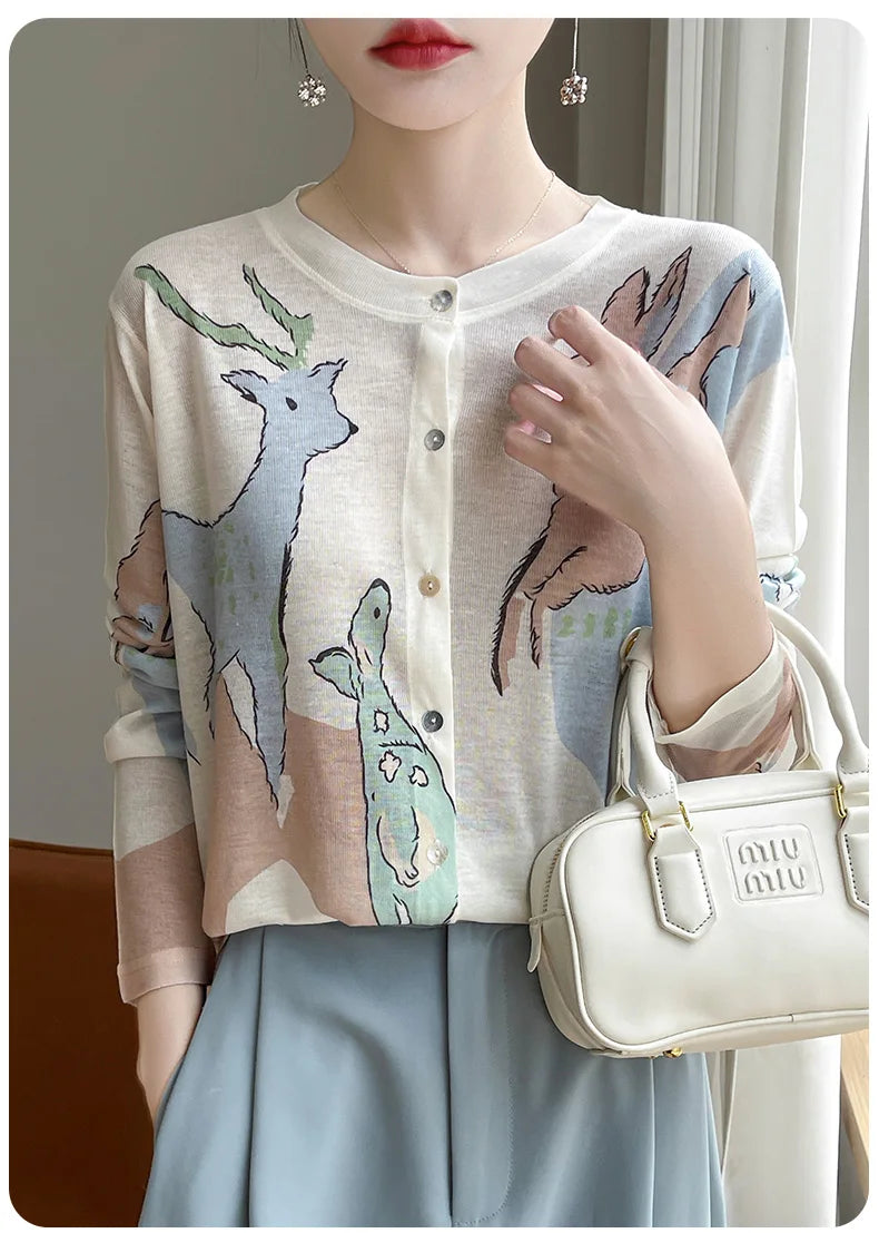 Spring And Summer New Lyocell Water-Soluble Wool Blended Round Neck Knit Cardigan Long Sleeve Feminine Sweater Printed Top