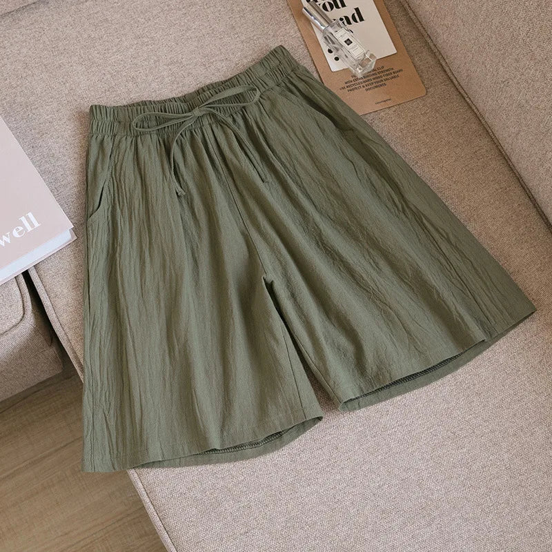 2024 Women Cotton Shorts,Summer Casual Solid Two Pockets shorts high waist loose shorts for girls Soft Cool female shorts Army Green