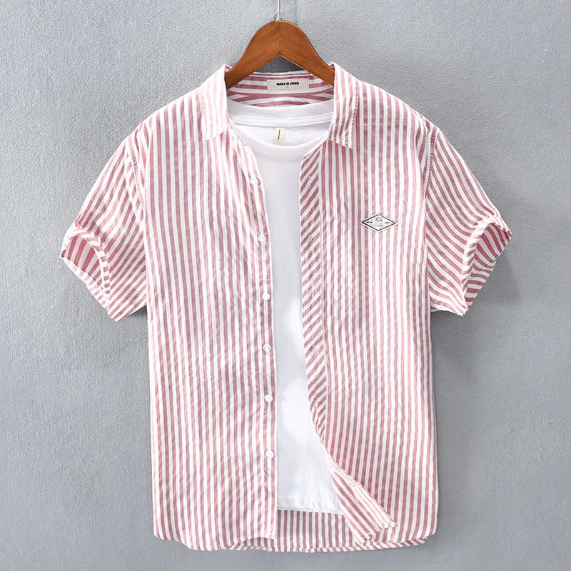 New Summer Men's Short Sleeve Shirt Fashion Thin Loose Half Sleeve Casual Youth Stripe Shirt Tops Pink