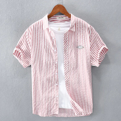 New Summer Men's Short Sleeve Shirt Fashion Thin Loose Half Sleeve Casual Youth Stripe Shirt Tops Pink