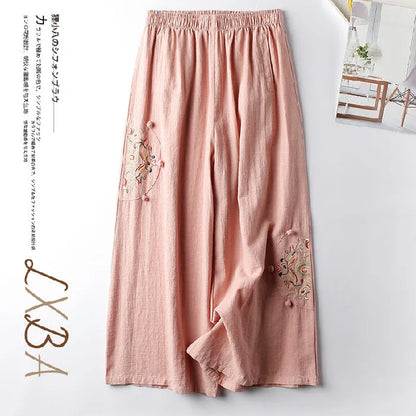 Summer Cotton Linen Cropped Pants Women Casual Thin Vintage Ethnic Bottom Embroidered Wide Leg Pants Woman Clothes Trousers Pink