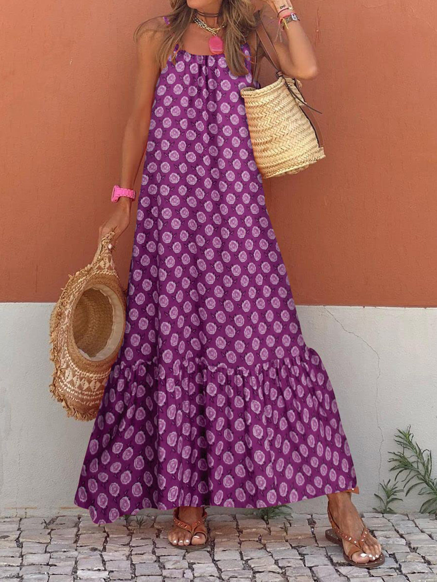 Women's Sleeveless Long Boho Dress Summer Loose Print Spaghetti Strap Flowy Dresses Bohemian Sundress Beachwear Party Coctail