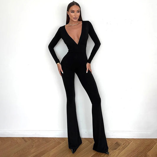 2025 Women Autumn Black Long Sleeve V Neck Jumpsuits Streetwear Bodycon Sexy Sporty Casual Rompers Fashion Overall Body Tops Badiee Stylez