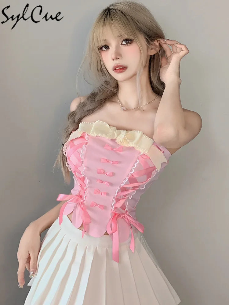 Sylcue Pink Sweet Cool Sexy Tight All-Match Femininity Charm Gorgeous Outer Wear Women'S Street Personality Drawstring Vest