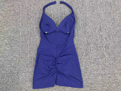 Gym Sport Jumpsuit Short Jumpsuit with Pocket Women Sportswear One Piece Yoga Set Sexy Backless Scrunch Fitness Overalls Romper