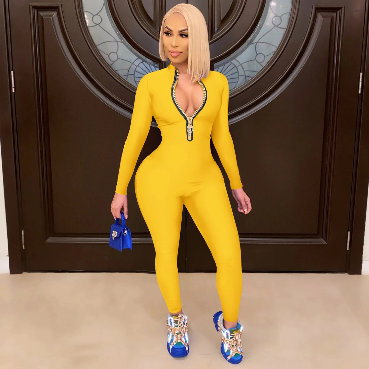 Women's Bodycon One-piece Jumpsuit Long Sleeved Big Zipper Female Casual Sport Workout Skinny Activity Wear Overalls Tops Badiee Stylez