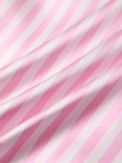 Satin Silk Women Pajamas Set Short-Sleeved Student Homewear Two-Piece Cardigan Lapel Senior Sense of Pink Striped Large Size