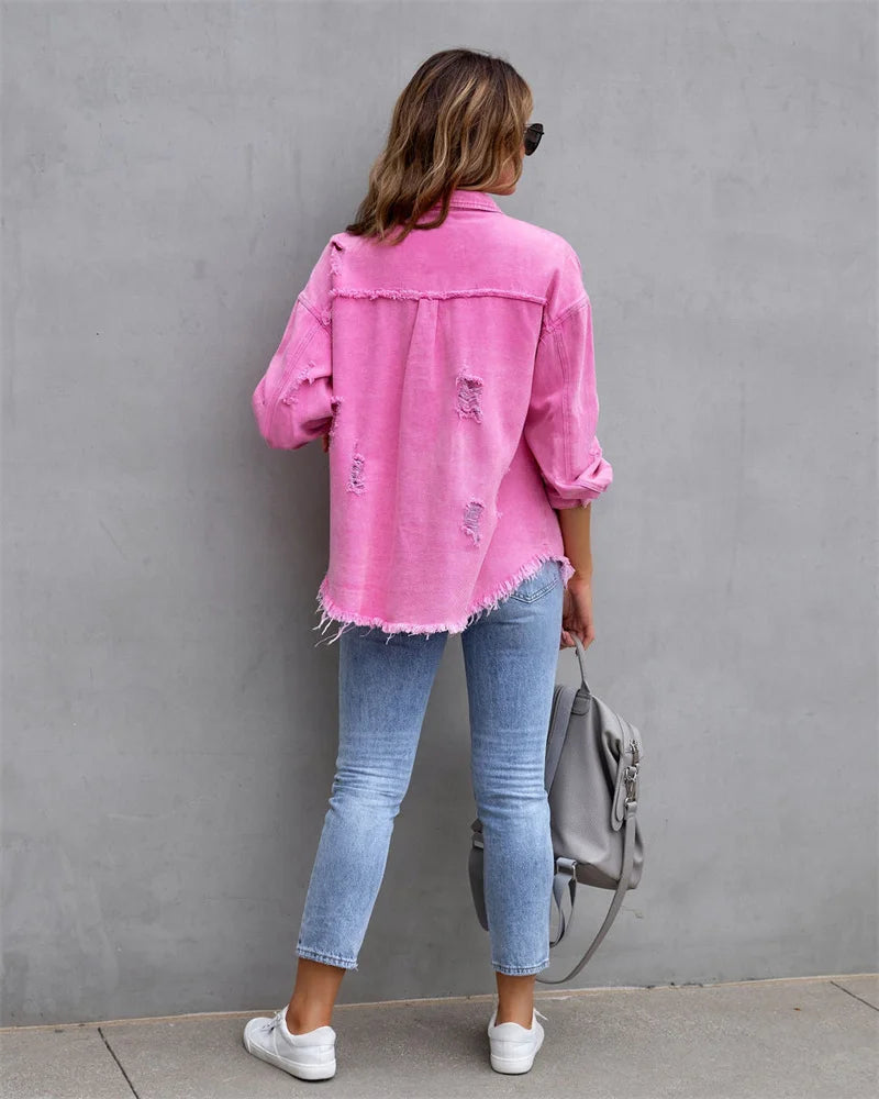 2025 Spring Autumn Shirt Style Denim Jacket Women Holes Raw-edges Jeancoat Casual Tops Female Oversize Loose Outerwear 7 Colors