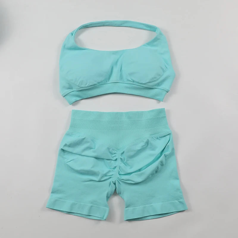 Fitness Shorts Sets Seamless Yoga Set Women 2Pcs Halter Sports Bra Scrunch Butt Gym Shorts Set Workout Clothes Summer Sportswear Badiee Stylez