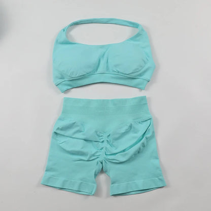 Fitness Shorts Sets Seamless Yoga Set Women 2Pcs Halter Sports Bra Scrunch Butt Gym Shorts Set Workout Clothes Summer Sportswear Badiee Stylez