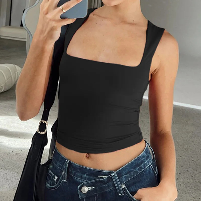 Sleeveless Collar Crop Top Women Tank Tops Casual Y2K Summer 2024 Black T Shirts Sexy