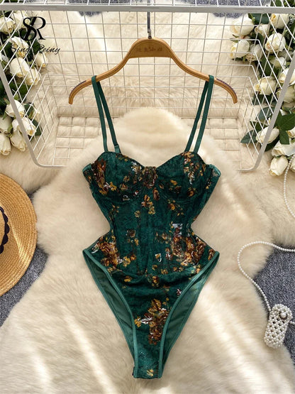 SINGREINY France Retro Straps Corset Bodysuits Lace Print Patchwork Rompers Female Senior Sexy Summer Slim Night Club Playsuits green