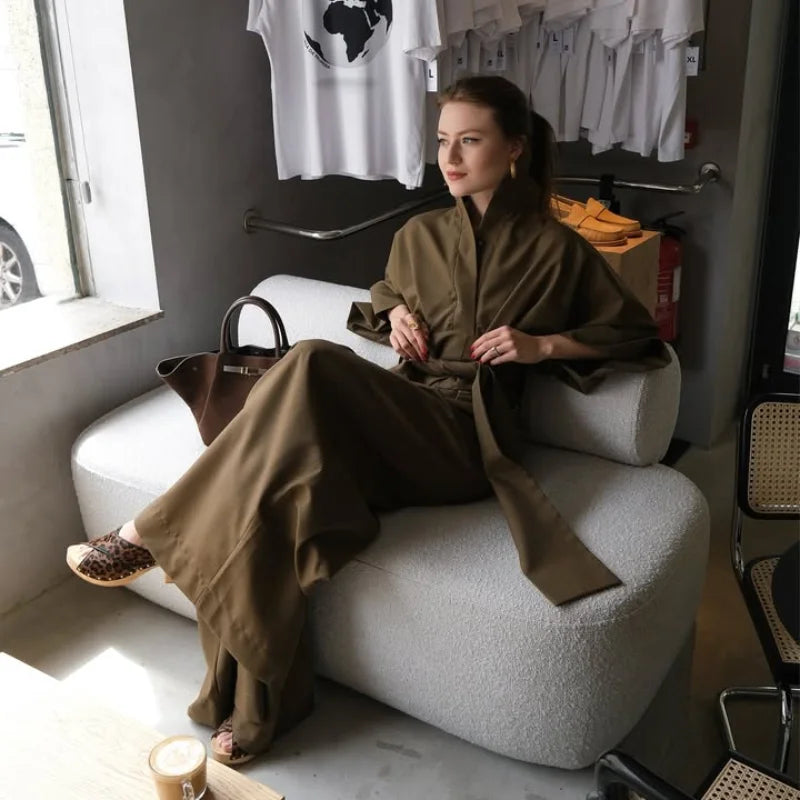 Linen Lace Up Women's Jumpsuit High V-neck Full Sleeve Top Loose Straight-leg Pants 2025 Summer Chic Female Casual Streetwear