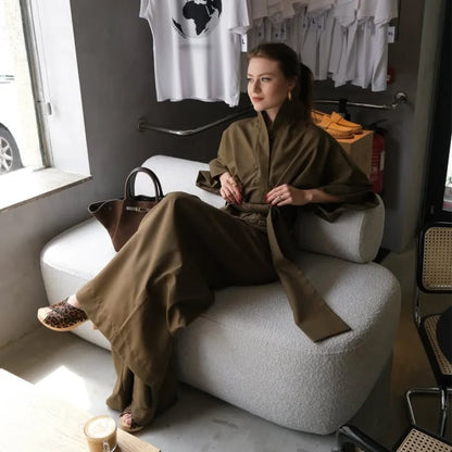 Linen Lace Up Women's Jumpsuit High V-neck Full Sleeve Top Loose Straight-leg Pants 2025 Summer Chic Female Casual Streetwear