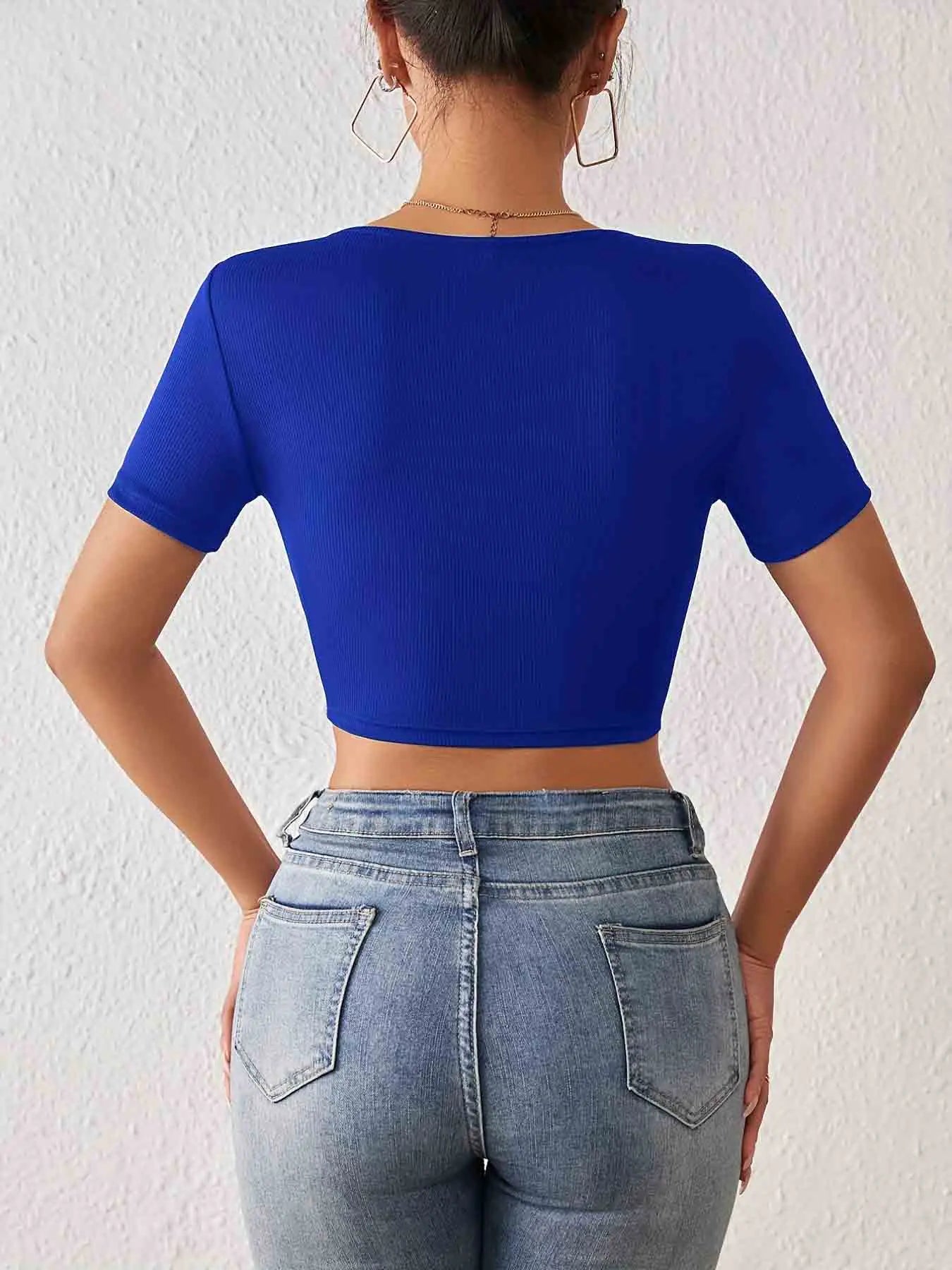 Solid Square Neck Crop T-Shirt Y2K Sexy Short Sleeve T-Shirt For Spring & Summer Women's Clothing