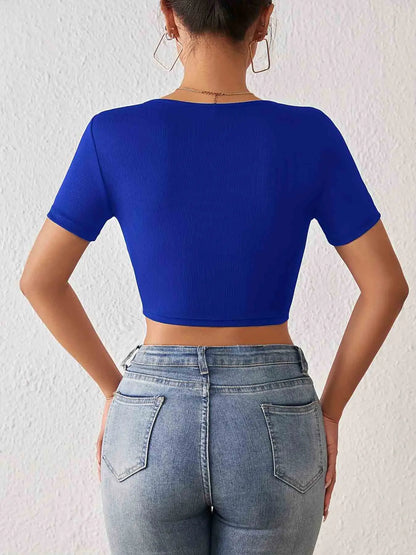 Solid Square Neck Crop T-Shirt Y2K Sexy Short Sleeve T-Shirt For Spring & Summer Women's Clothing