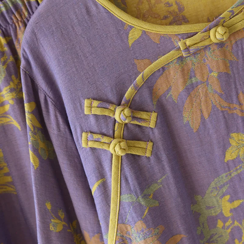 Women's Retro Long-sleeved Trousers Loungewear Set Yarn-dyed Double-sided Jacquard Thin Pajamas Round Neck Chinese Style Pijama