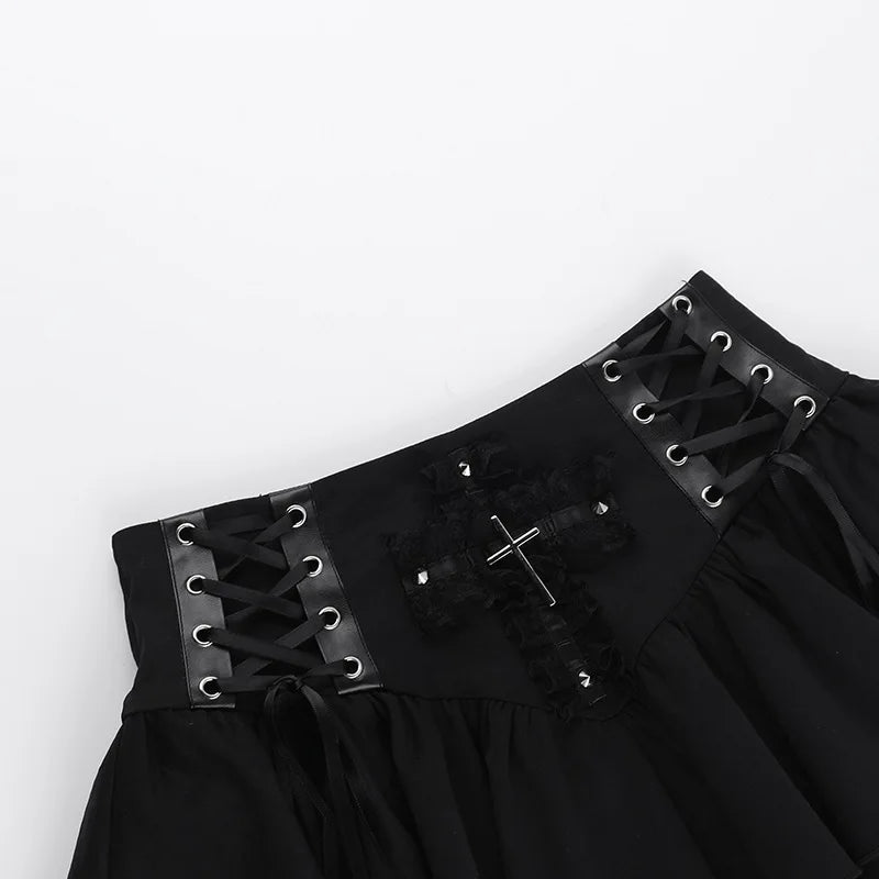 Gothic Black Lace Cross Mini Skirt Y2k Grunge Punk High Waist Pleated A-Line Skirts Vintage Women Girl Aesthetic Alt Clothes