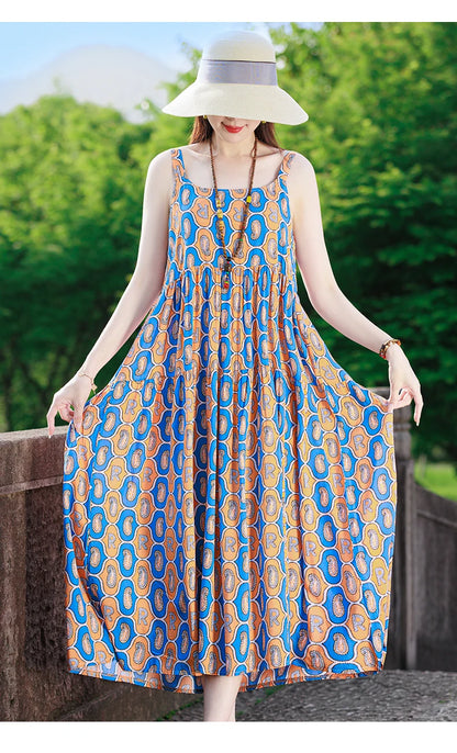 New Fashion Casual 2025 Summer Elegant Dresses For Women O-Neck Print Vintage Sleeveless Dress Loose Women Clothing