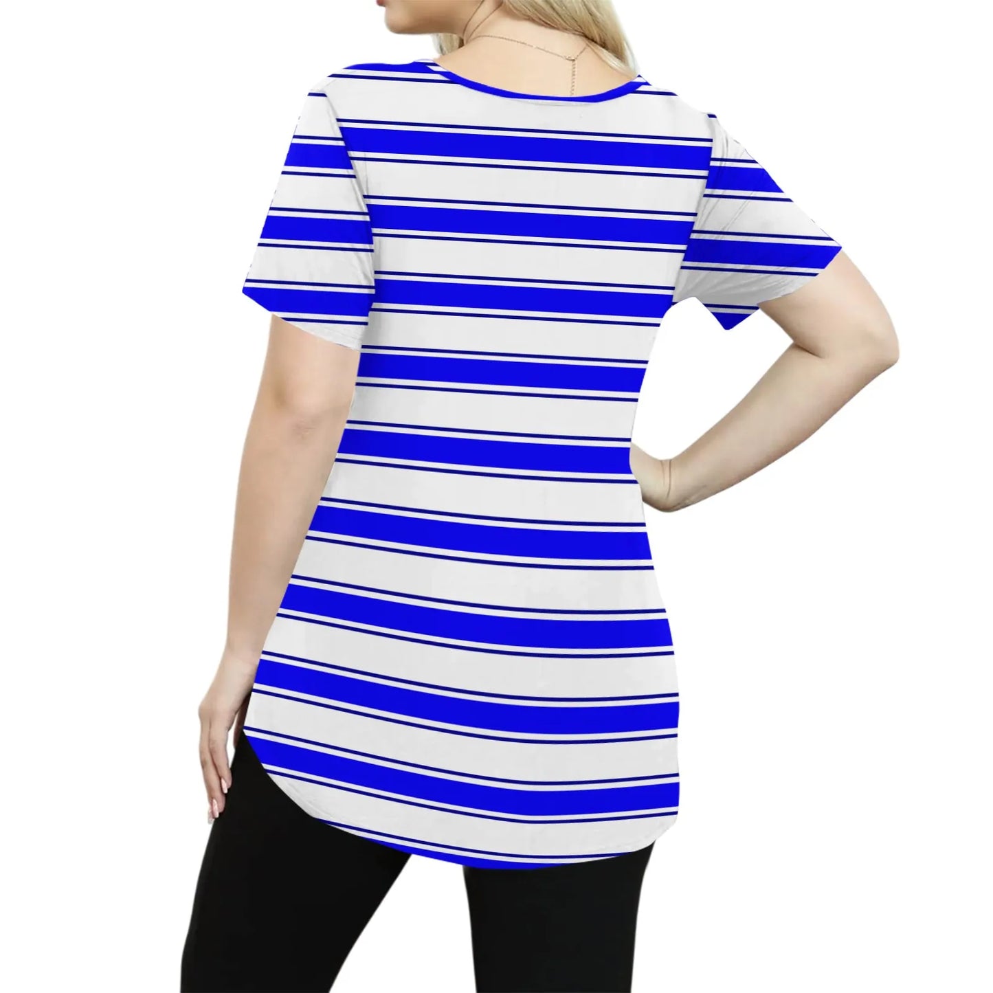 Plus Size Casual striped T-shirt For Women V neck short sleeves Loose Tops With Pocket Summer Daily Casual Plus Size Women's Top