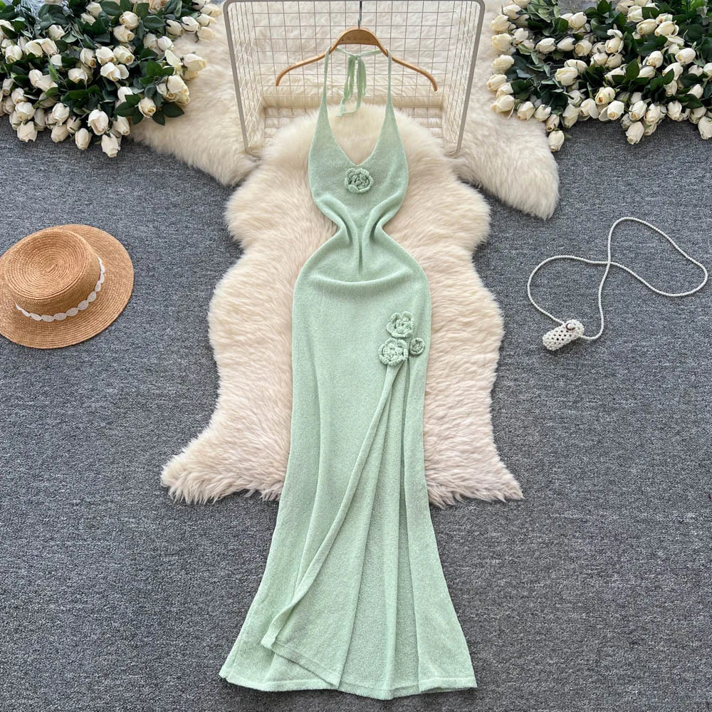 SINGREINY Halter 3D Floral Maxi Sundress Women Sleeveless Bodycon Elastic Beach Dress Vacation Knitted Split Sexy Long Dress