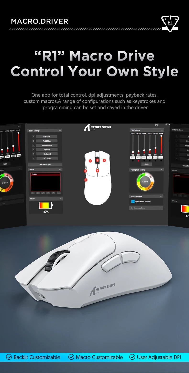 Attack Shark 18000DPI Wireless Mouse, 1000Hz,PAW3311,Bluetooth Tri-mode Connection, R1 Macro Gaming Mouse Badiee Stylez
