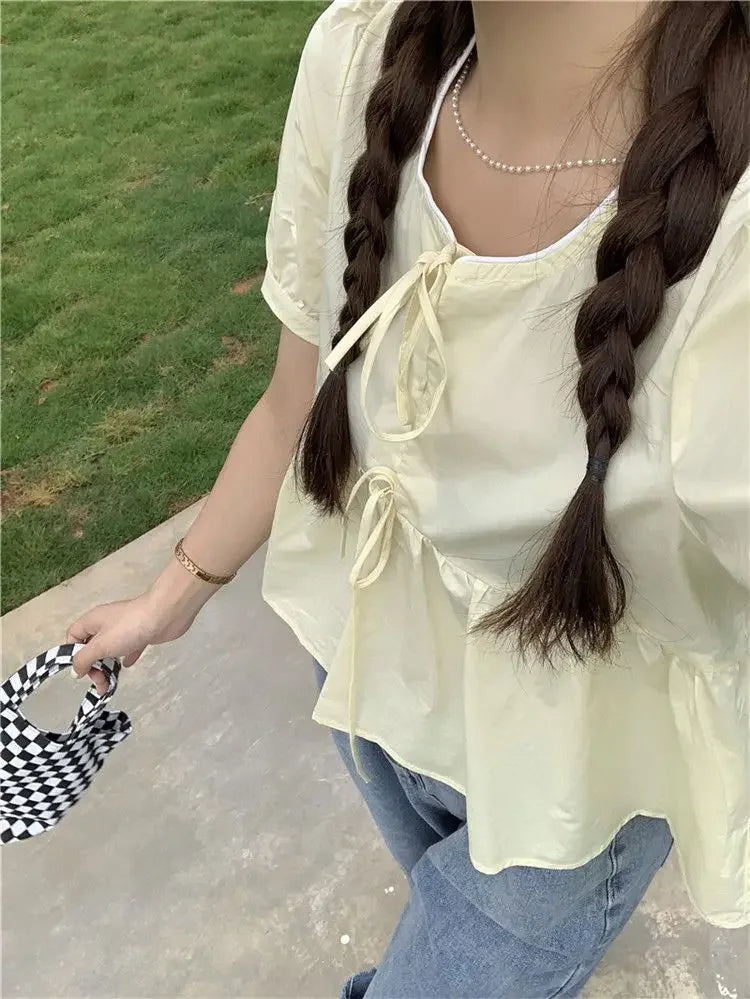 Ruffles Shirts and Blouses Korea Short Sleeve Top Women 2024 Summer Lace-up Sweet Blouses Cute Elegant Solid Sweet Folds Clothes