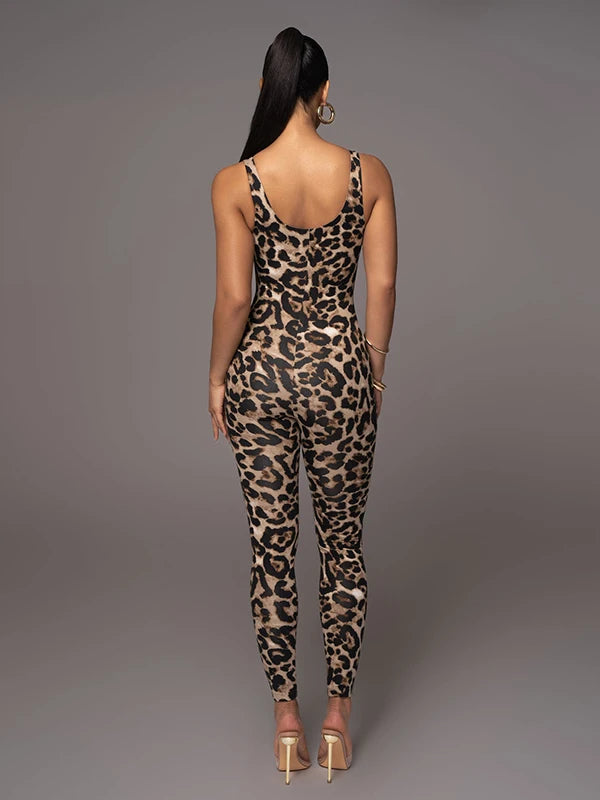 Women's Sexy Leopard Print Skinny Nightclub Jumpsuit Spaghetti-Neck Yoga Clothes Fitness Coverall Female Club Outfits